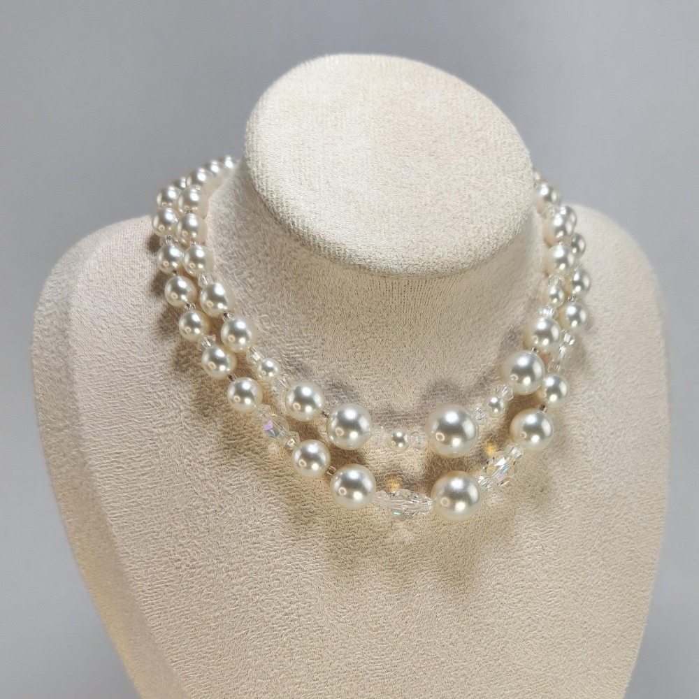 Vintage Japan Double Strand Faux Pearl Crystal Bead Necklace Silver Tone Clasp